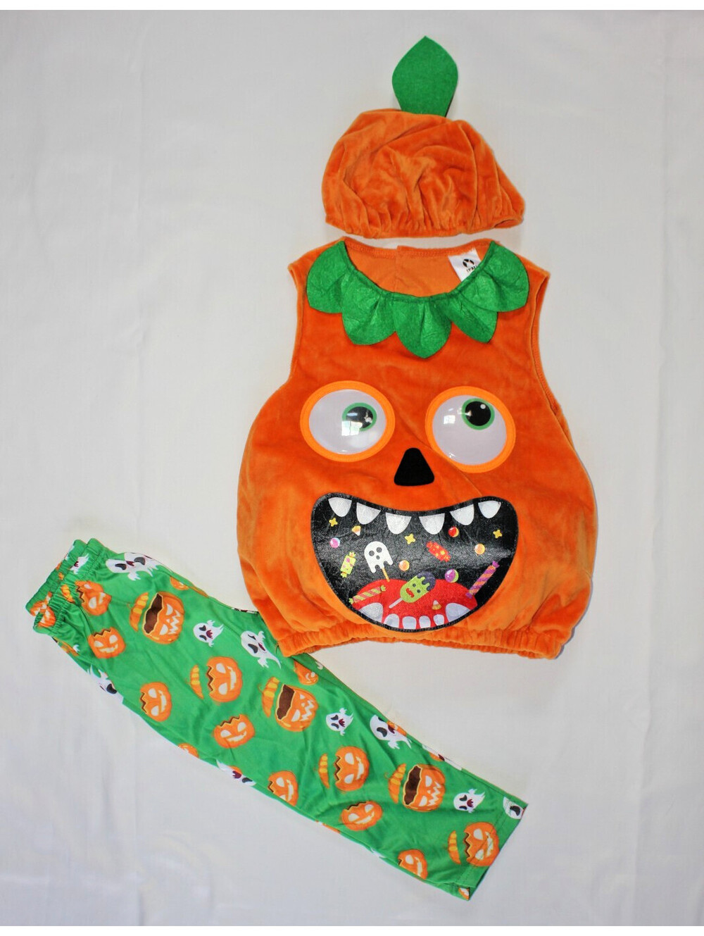 IKALI Toddler Pumpkin Costume 3-4T 3pc Googly Eye Halloween Set Top Pants Hat